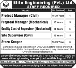 Elite Engineering Lahore Jobs 2016 July / August Civil / Mechanical Engineers & Store Keepers Latest