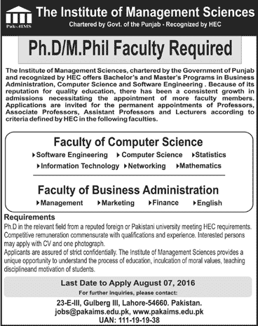 Institute of Management Sciences Lahore Jobs July 2016 August IMS Teaching Faculty Latest