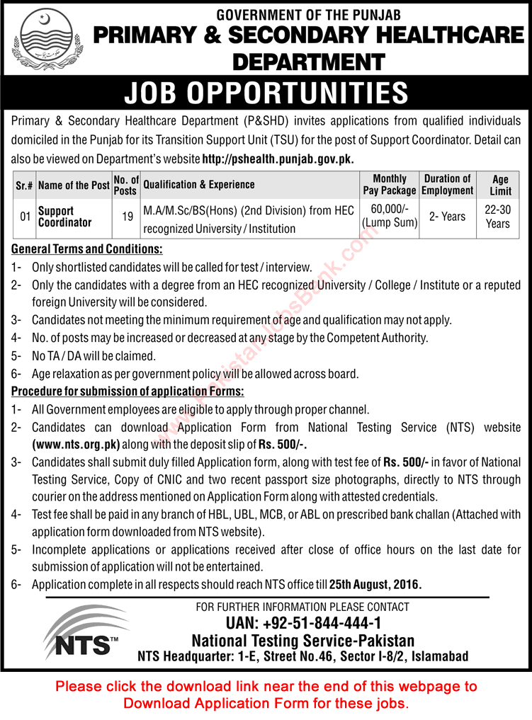 Support Coordinator Jobs in Primary & Secondary Healthcare Department Punjab 2016 August NTS Application Form Latest