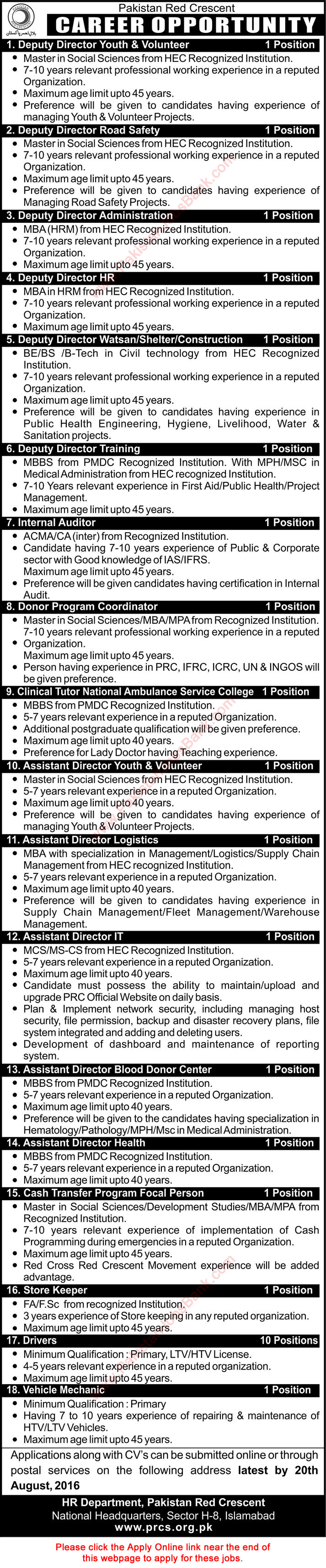 Pakistan Red Crescent Society Jobs August 2016 PRCS Apply Online Deputy / Assistant Directors & Others Latest