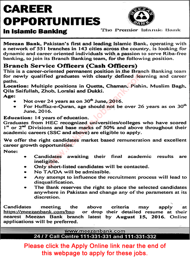 Meezan Bank Jobs August 2016 Branch Service Officers (Cash Officers) Apply Online in Islamic Banking Latest