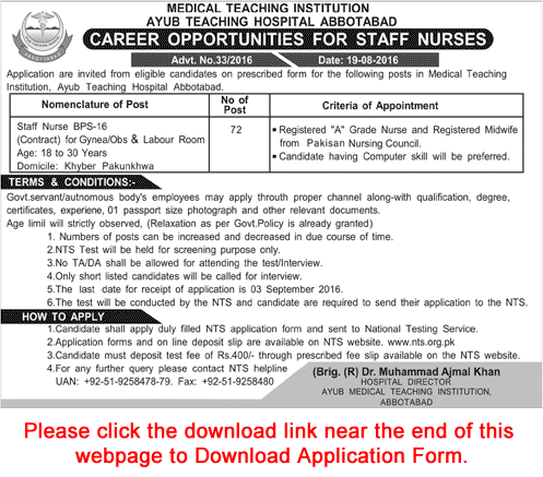 Staff Nurses Jobs in Ayub Teaching Hospital Abbottabad 2016 August MTI NTS Application Form Download Latest