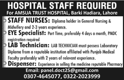 Amusa Trust Hospital Lahore Jobs 2016 August Staff Nurses, Eye Specialists, Lab Technician & Dispenser Latest