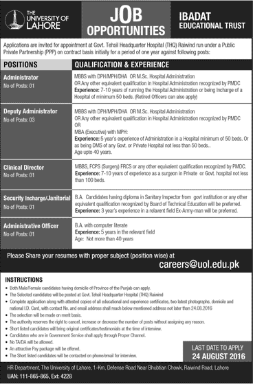 THQ Hospital Raiwind Jobs 2016 August Lahore Administrators, Admin Officer & Others UOL Latest