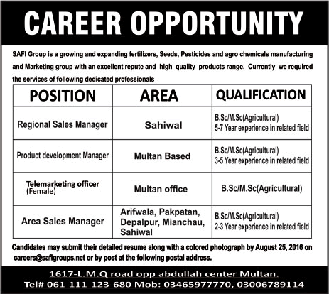 SAFI Group Pakistan Jobs 2016 August Sales Managers, Telemarketing Officer & Product Development Manager Latest
