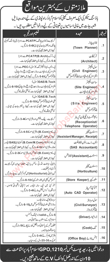 PO Box 1210 GPO Islamabad Jobs 2016 August Civil Engineers, Architect, Store Keepers & Others Latest