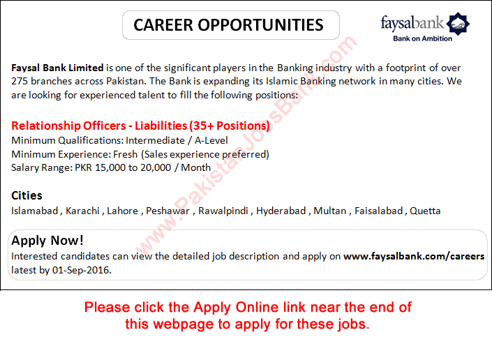 Faysal Bank Jobs August 2016 Apply Online Relationship Officers Latest