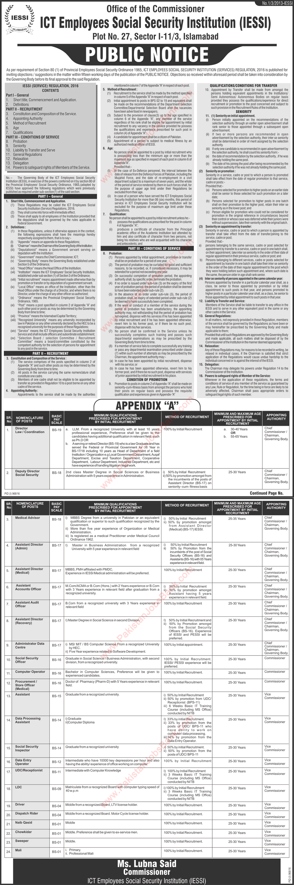 ICT Employees Social Security Institution Islamabad Jobs 2016 August IESSI Latest Advertisement