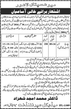 Charge Nurse Jobs in Mayo Hospital Lahore September 2016 Latest / New