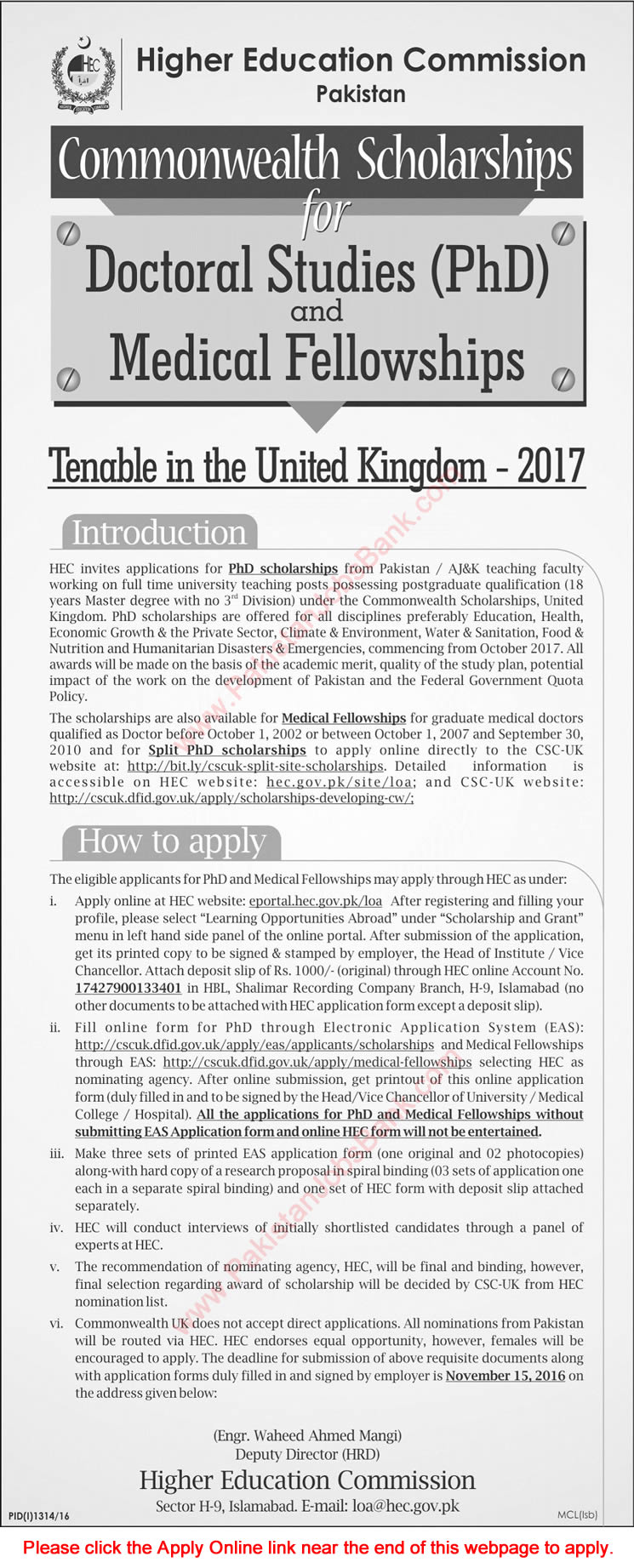 HEC Commonwealth Scholarships 2017 Doctoral Studies & Medical Fellowships in UK Apply Online Latest