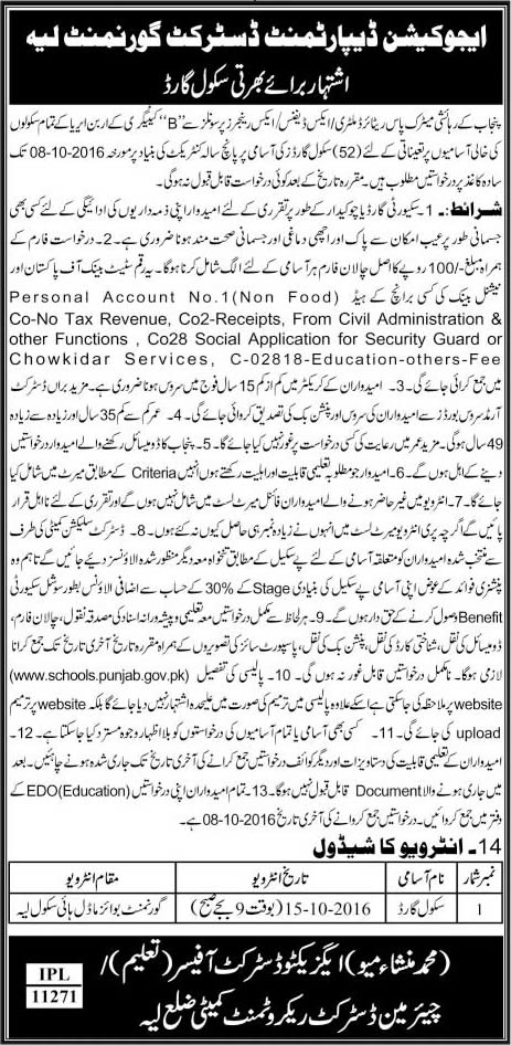 School Security Guard Jobs in Education Department Layyah September 2016 at Government Schools Latest