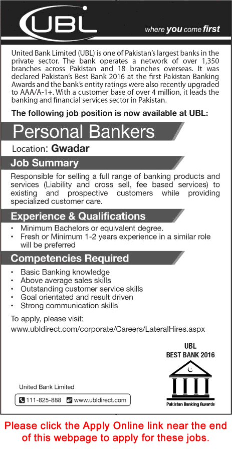 Personal Banker Jobs in UBL Gwadar 2016 October Apply Online Latest