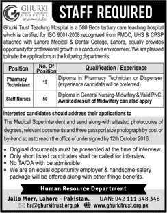 Ghurki Trust Teaching Hospital Lahore Jobs October 2016 Staff Nurses & Pharmacy Technicians Latest