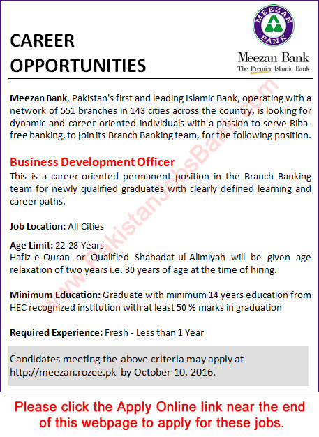 Meezan Bank Jobs October 2016 Apply Online Business Development Officers Latest / New