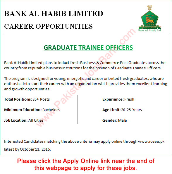 Bank Al Habib Jobs October 2016 Apply Online Graduate Trainee Officers Latest / New
