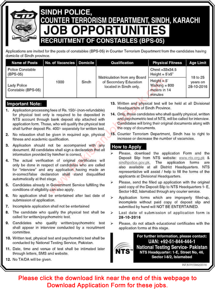 Sindh Police Constable Jobs October 2016 NTS Application Form in Counter Terrorism Department CTD Latest