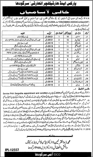 Parks and Horticulture Authority Sargodha Jobs 2016 October PHA Field Supervisors, Clerks & Others Latest