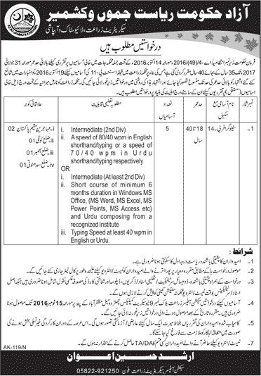 Stenographer Jobs in Agriculture Department AJK October 2016 Latest