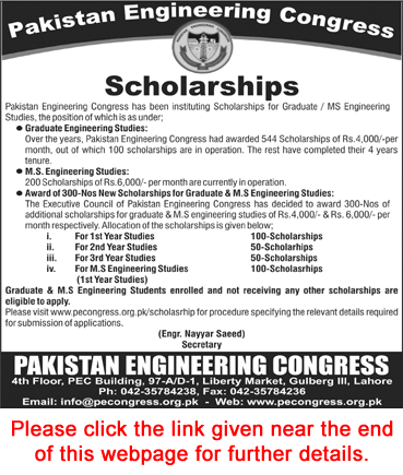 Pakistan Engineering Congress Scholarships 2016 October / November for Graduate / MS Engineering Latest