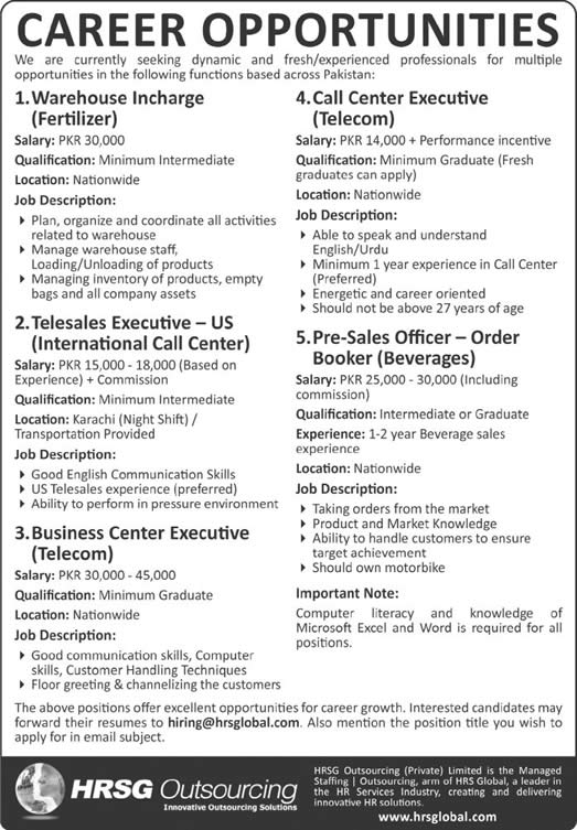 HRS Global Pakistan Jobs October 2016 November Call / Business Center Executives & Others Latest