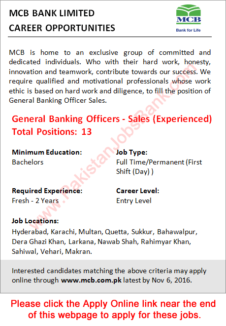MCB Jobs November 2016 General Banking Officers Apply Online Latest / New