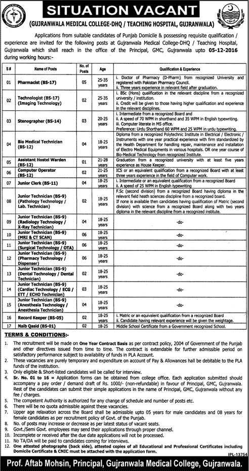 Gujranwala Medical College / DHQ / Teaching Hospital Jobs November 2016 Medical Technicians & Others Latest