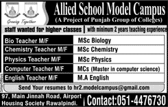 Teaching Jobs in Allied School Model Campus Rawalpindi November 2016 Latest