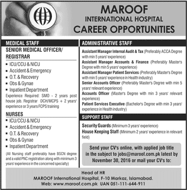 Maroof International Hospital Islamabad Jobs November 2016 Medical Officers, Nurses & Others Latest