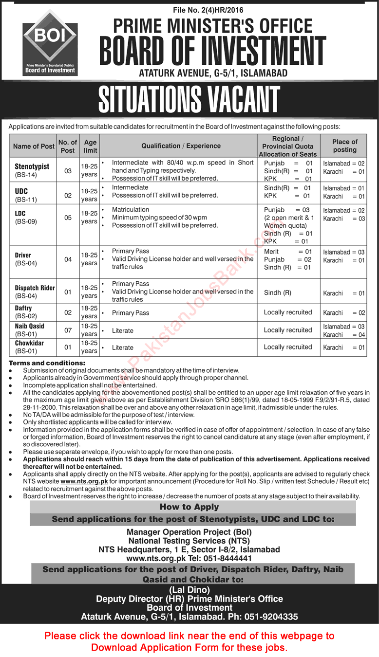 Board of Investment Pakistan Jobs 2016 December NTS Application Form Prime Minister's Office Latest