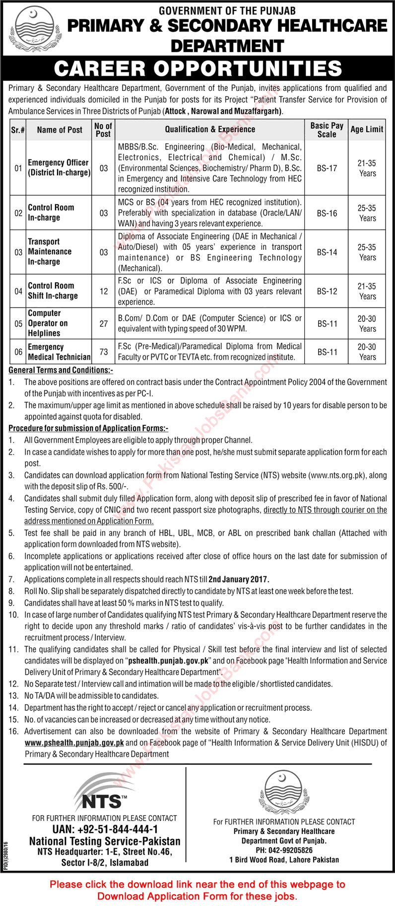 Primary and Secondary Healthcare Department Punjab Jobs December 2016 NTS Application Form Latest / New