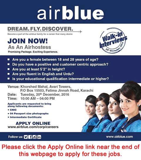Airhostess Jobs in Air Blue December 2016 Apply Online Latest / New