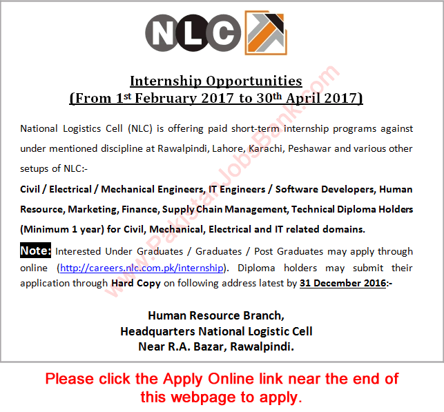 NLC Internship Program 2016 December Apply Online National Logistics Cell Latest / New
