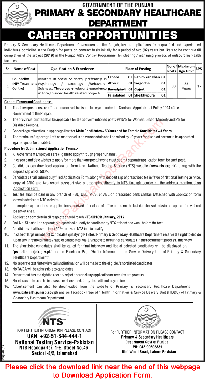 Counsellor Jobs in Primary and Secondary Healthcare Department Punjab December 2016 / 2017 NTS Application Form Latest