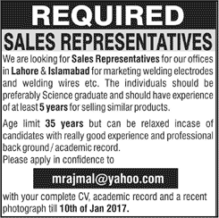 Sales Representative Jobs in Islamabad / Lahore 2017 January Latest