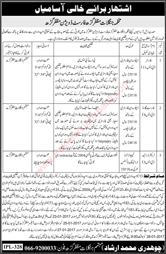 Forest Department Muzaffargarh Division Jobs 2017 Forester, Forest Guard & Tractor Driver Latest