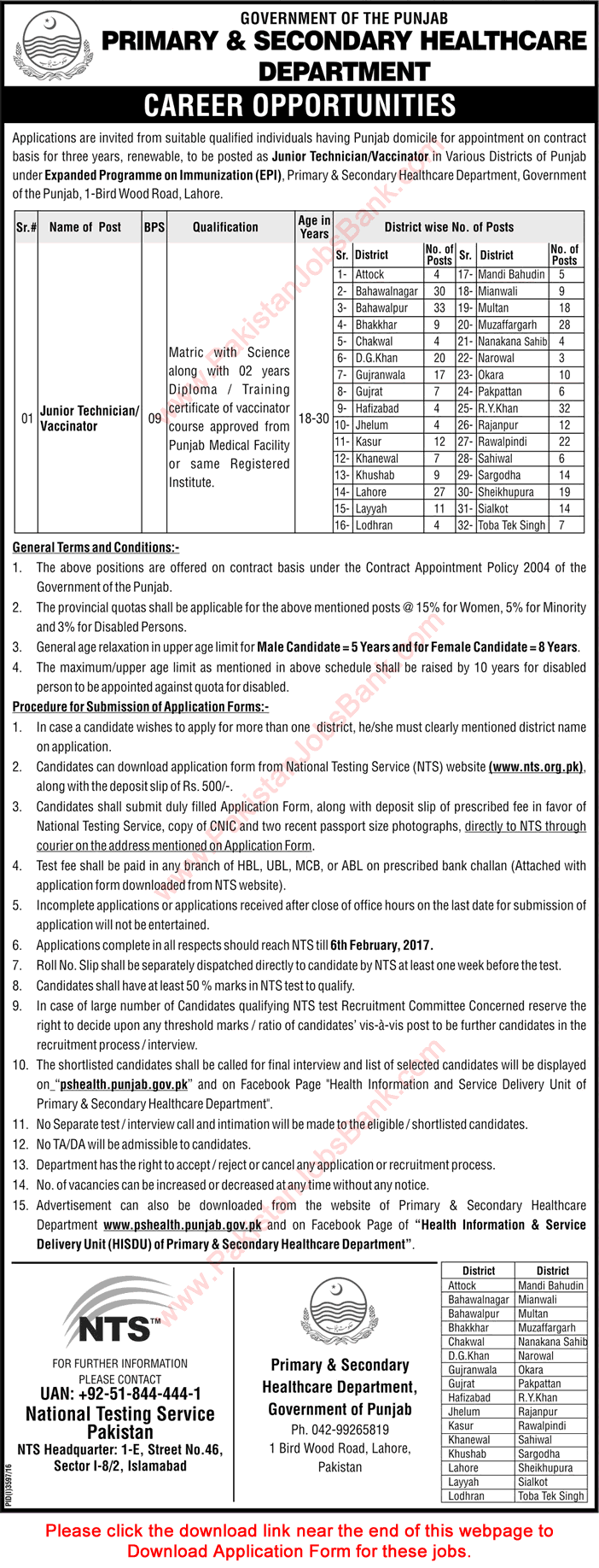 Vaccinator Jobs in Primary and Secondary Healthcare Department Punjab 2017 NTS Application Form Latest