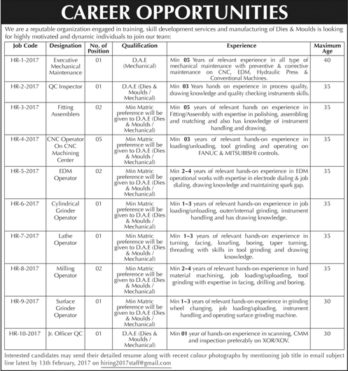 Mechanical, Dies & Moulds Engineers Jobs in Karachi 2017 CNC / Milling Operators & Others Latest