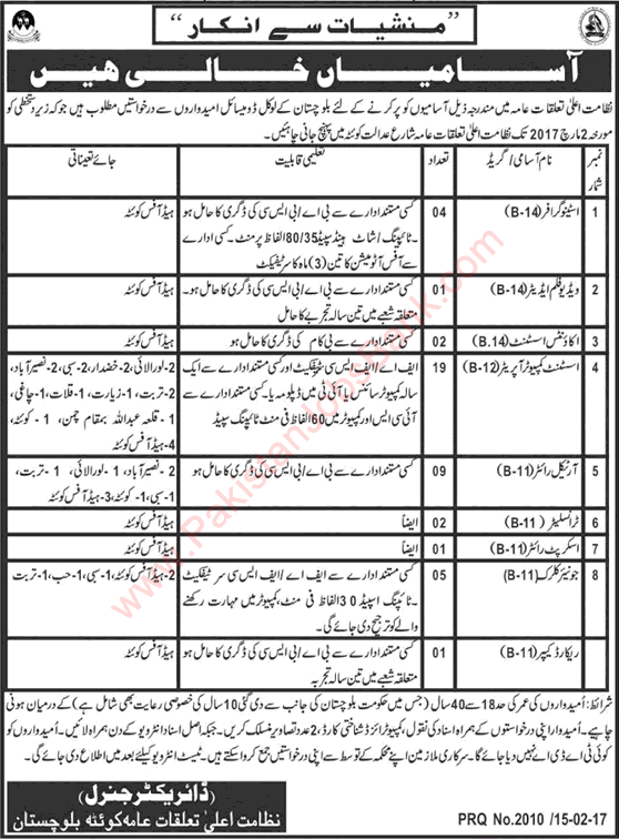 Directorate General of Public Relations Balochistan Jobs February 2017 Computer Operators, Article Writers & Others Latest