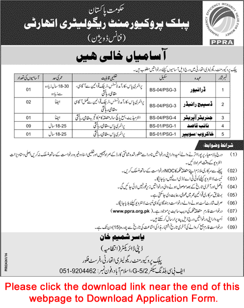 PPRA Jobs 2017 February Islamabad Application Form Naib Qasid, Dispatch Riders & Others Latest