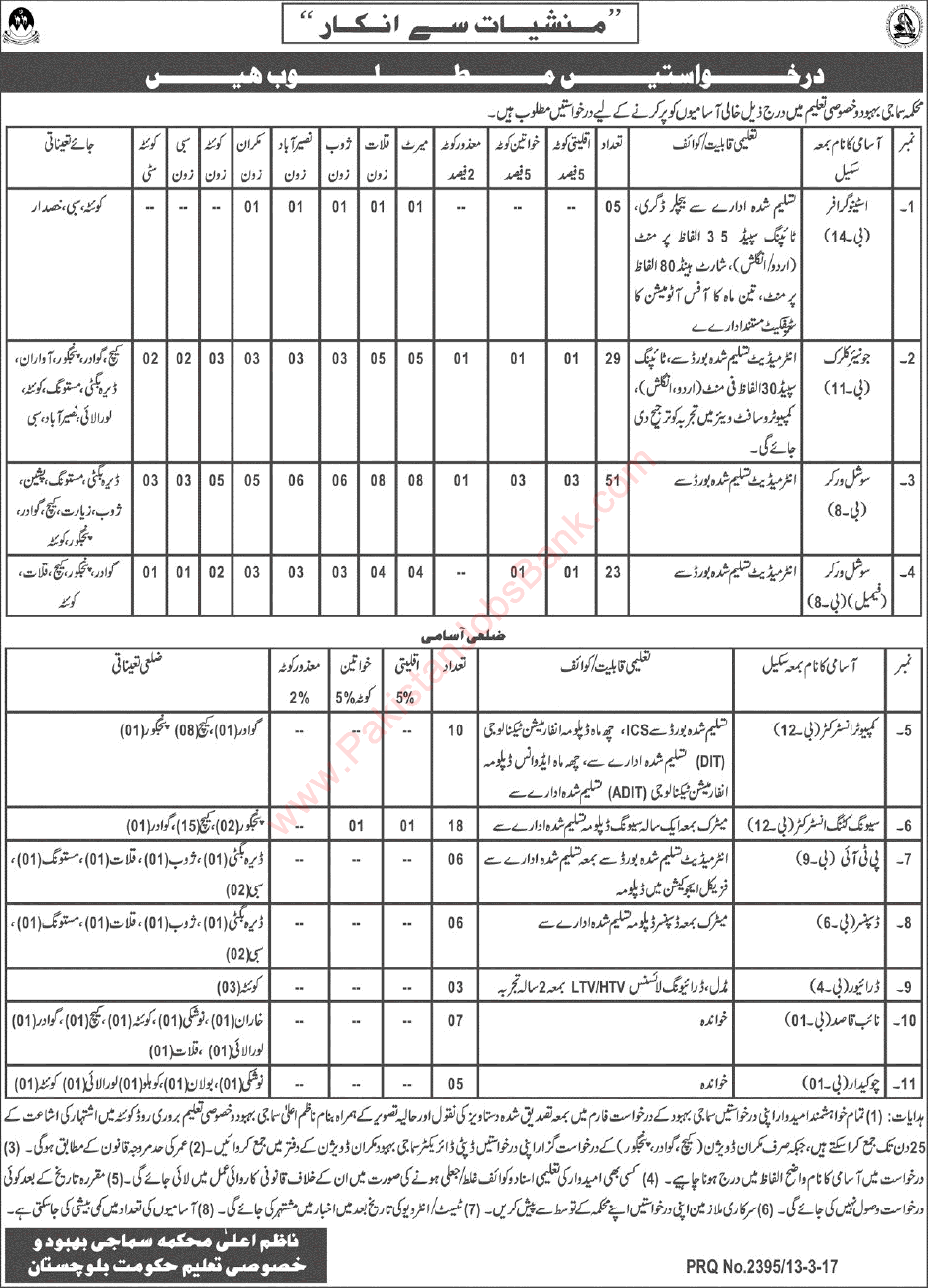 Social Welfare Department Balochistan Jobs 2017 March Social Workers, Clerks, Computer Instructors & Others Latest
