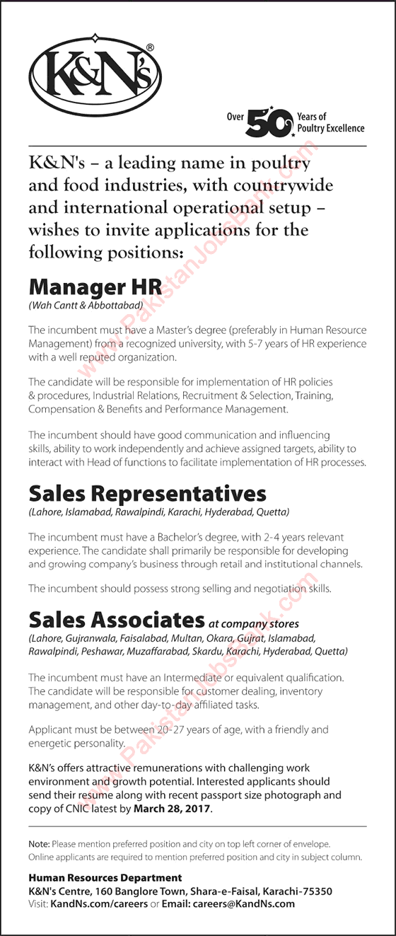 K&Ns Jobs 2017 March Sales Associates / Representatives & HR Managers Latest
