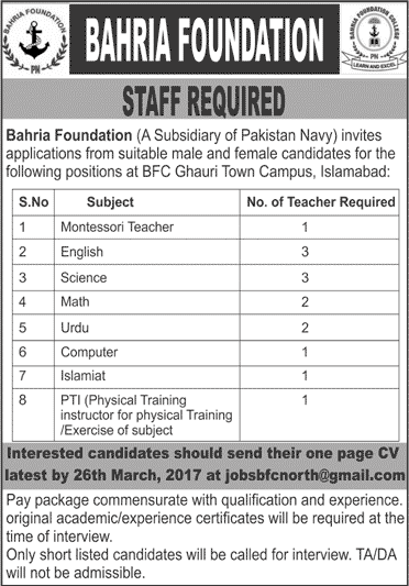 Bahria Foundation College Islamabad Jobs 2017 March Teachers & PTI Latest