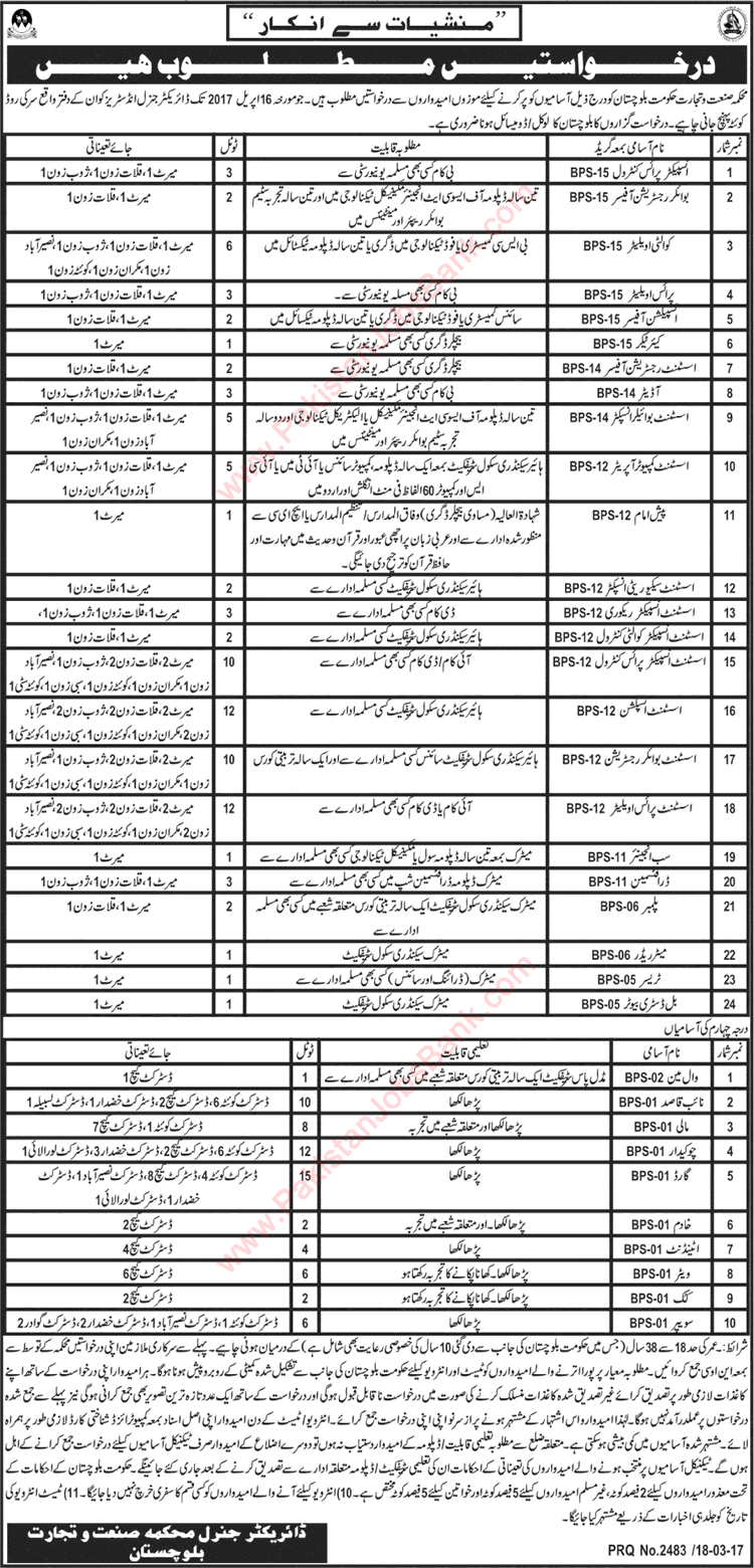Industries and Commerce Department Balochistan Jobs 2017 March Inspection Assistants, Security Guards & Others Latest