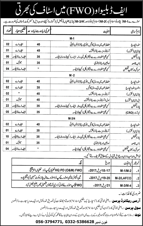 FWO Jobs April 2017 Frontier Works Organization Plaza Technicians, Store Incharge & Others Latest