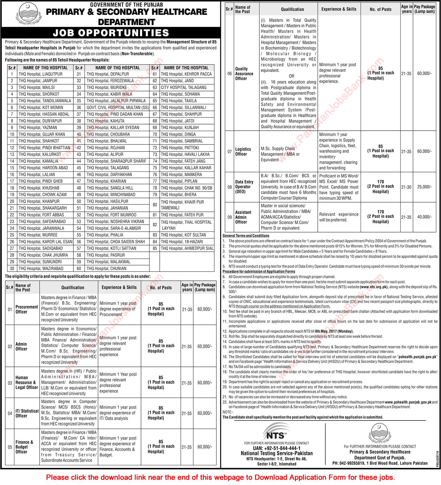 Primary and Secondary Healthcare Department Punjab Jobs April 2017 NTS Application Form Download Latest