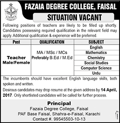 Teaching Jobs in Fazaia Degree College Faisal Karachi 2017 April Latest