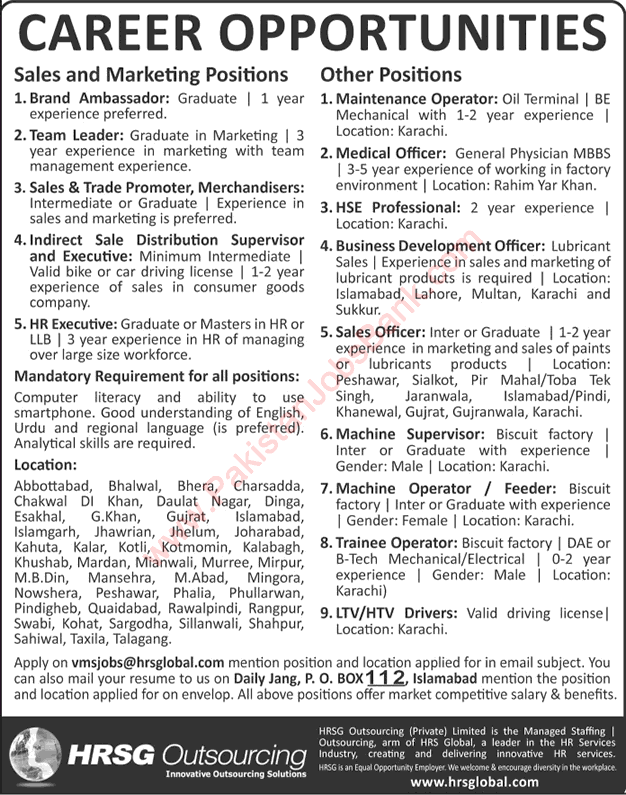 HRS Global Pakistan Jobs 2017 April Sales Officers, BDO, HR Executive, Trainee Operators & Others Latest