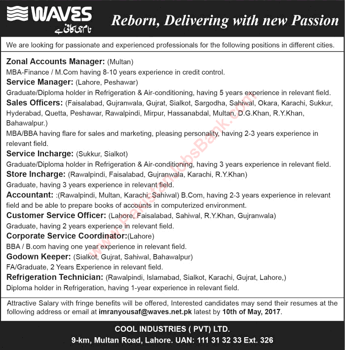 Waves Cool Industries Jobs 2017 April / May Sales Officers, Store Incharge, Customer Service Officers & Others Latest