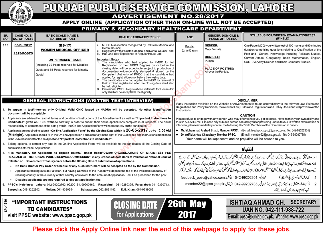 Women Medical Officer Jobs in Primary & Secondary Healthcare Department Punjab May 2017 PPSC Apply Online Latest