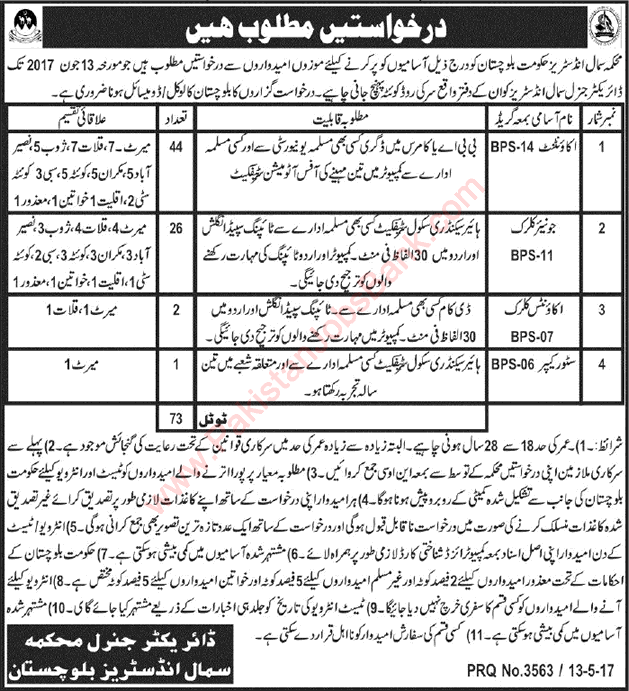 Small Industries Department Balochistan Jobs 2017 May Accountants, Clerks & Store Keeper Latest